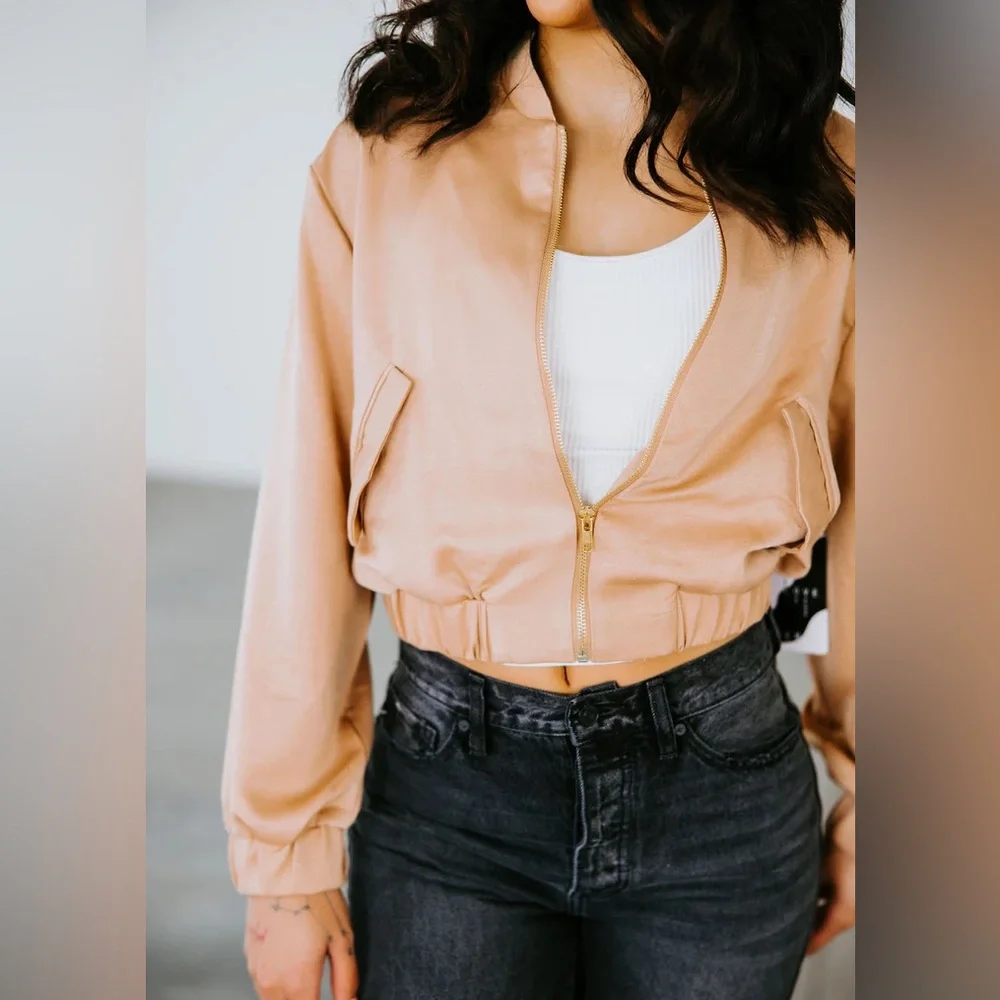 Lovepoem by Block Gianna Satin Bomber Jacket in rose gold, Small - Picture 3 of 10